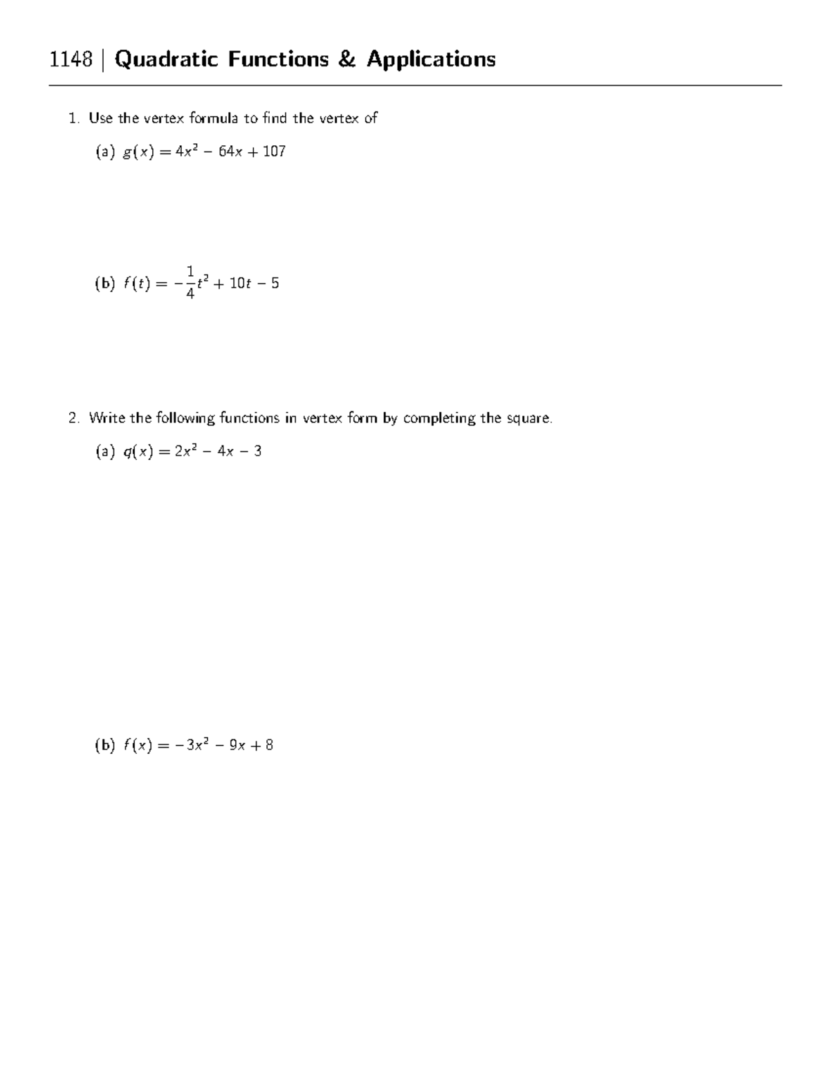 1148 Quadratic Functions & Applications: Study Guide and Exercises ...