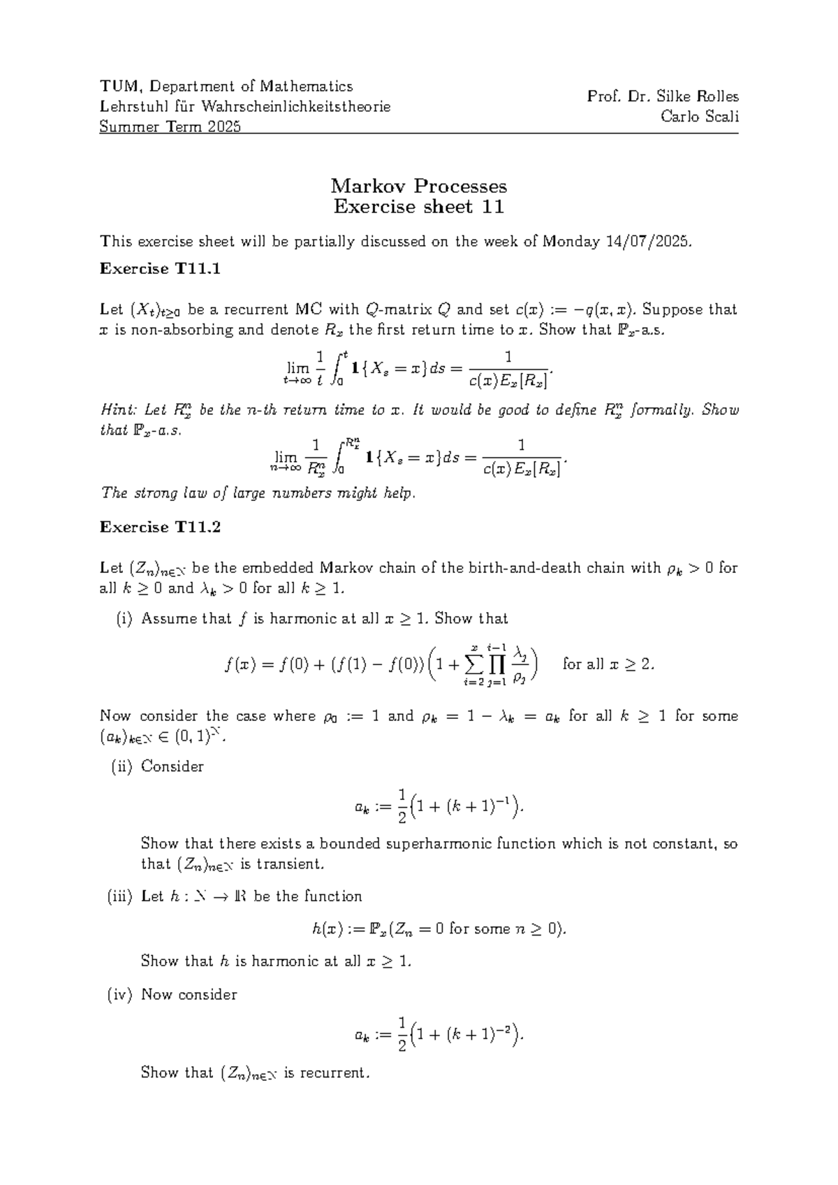 Markov Processes Exercise Sheet 11 - TUM Math Dept. - Studocu
