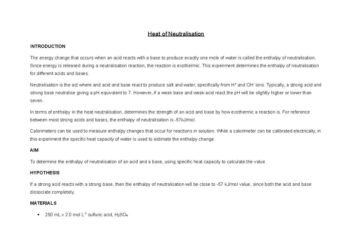 Enthalpy of Neutralisation Experiment (Chem 101) - Studocu