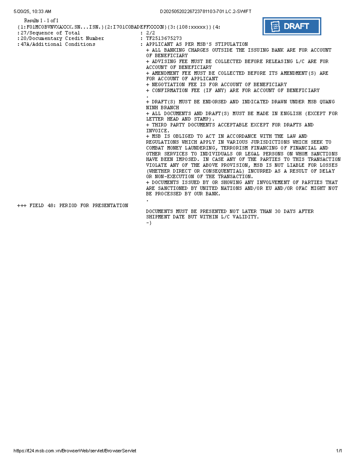 MT701 Drafts: Banking Charges and Conditions Overview - Studocu