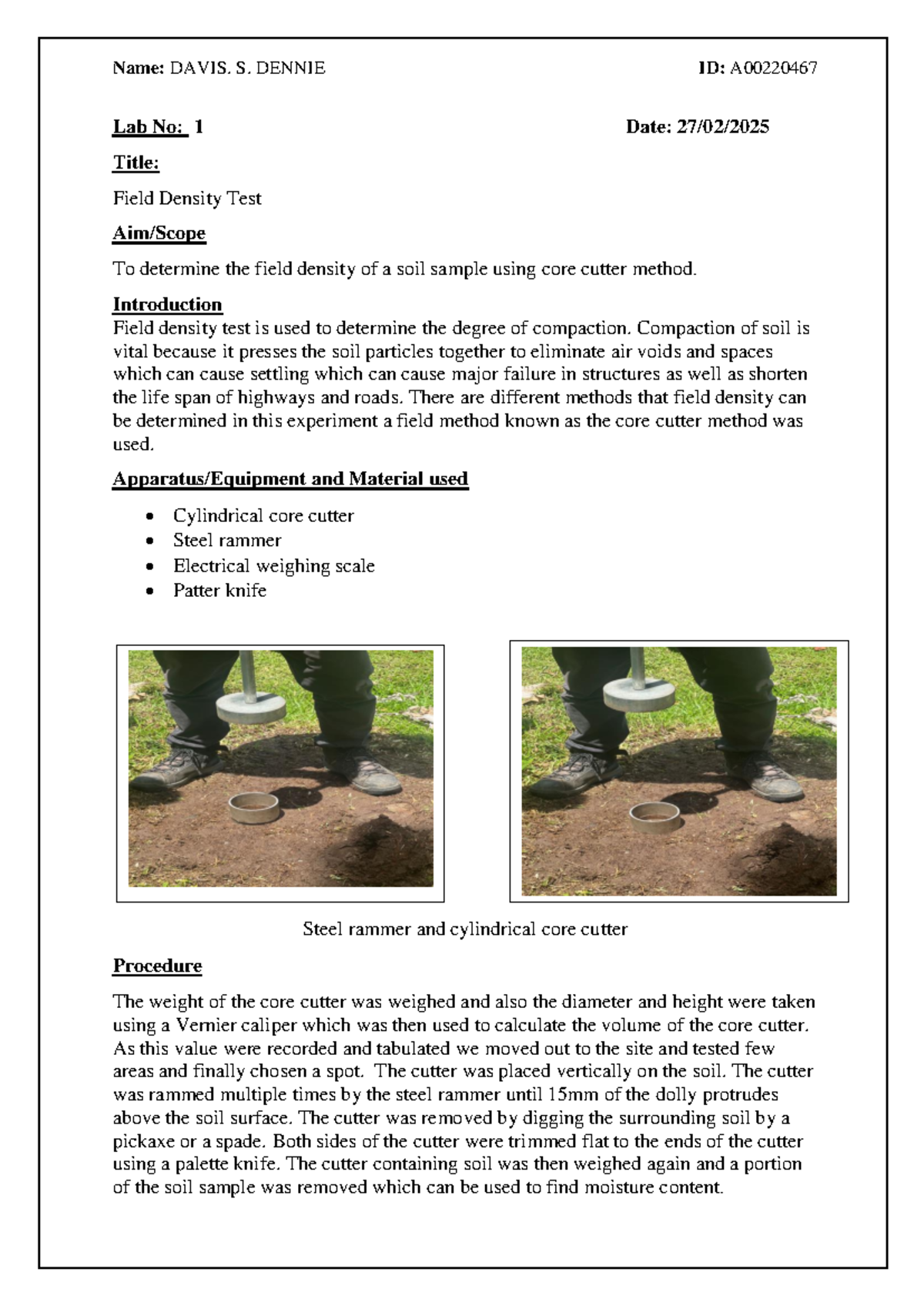 LAB 1 Field Density Test - Lab Report Sample Analysis - Studocu