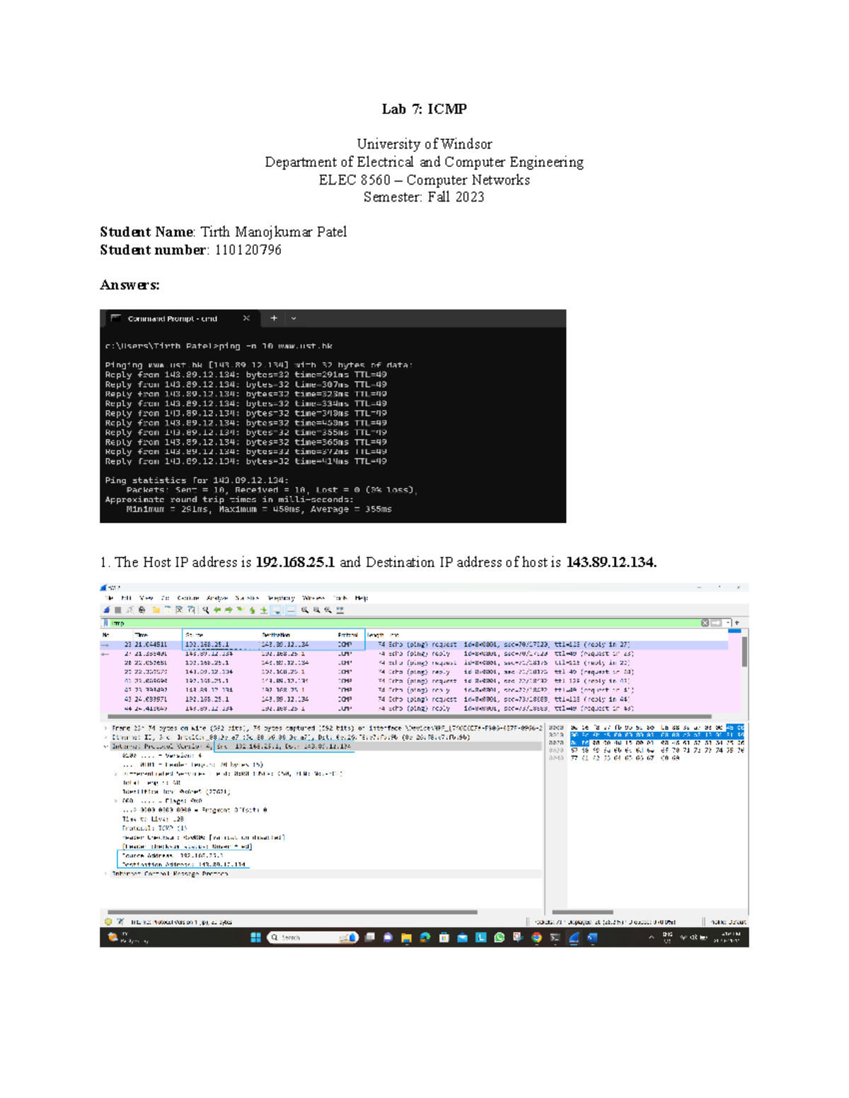 Lab 7: ICMP Protocol Analysis in Computer Networks (ELEC 8560) - Studocu