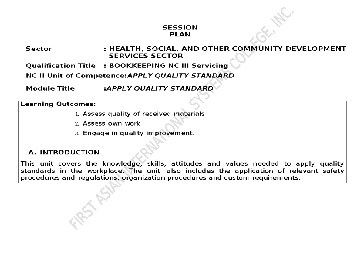 BKP- Session Plan: Apply Quality Standards in Bookkeeping NC II - Studocu