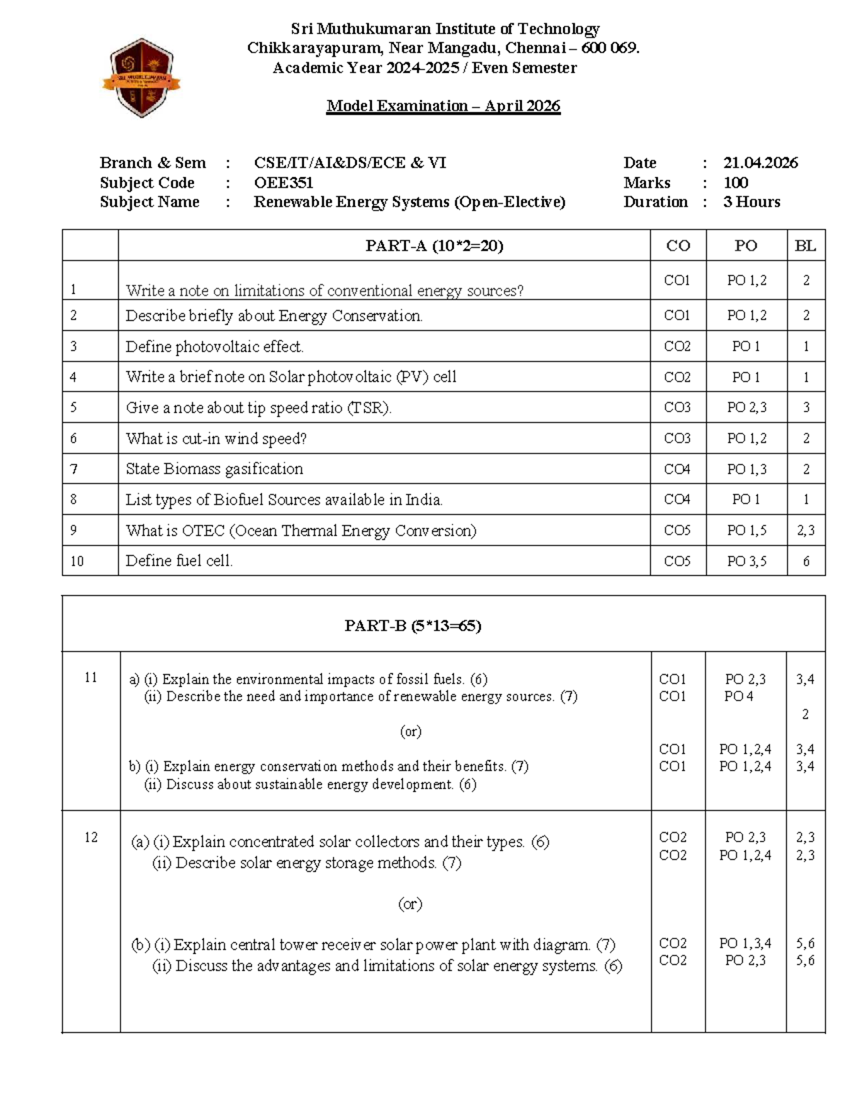 OEE351 Renewable Energy Systems Model Exam Question Paper Set 2 - Studocu