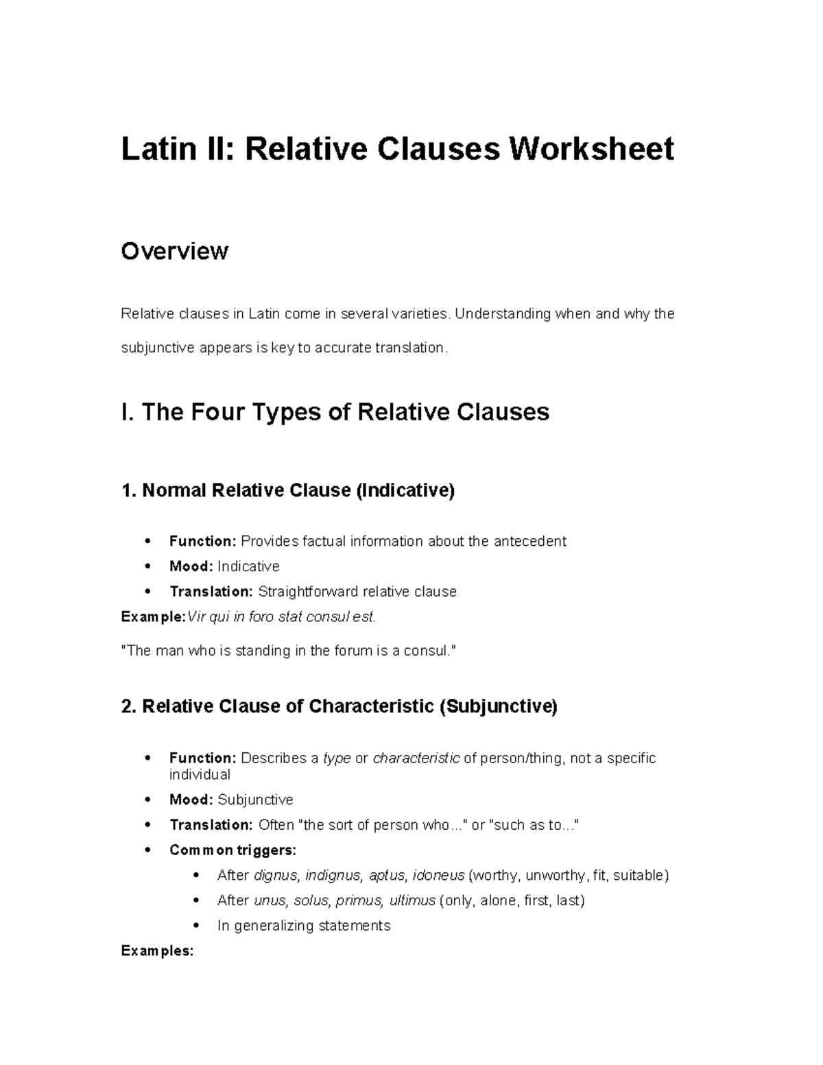Latin II: Overview of Relative Clauses Worksheet - Studocu