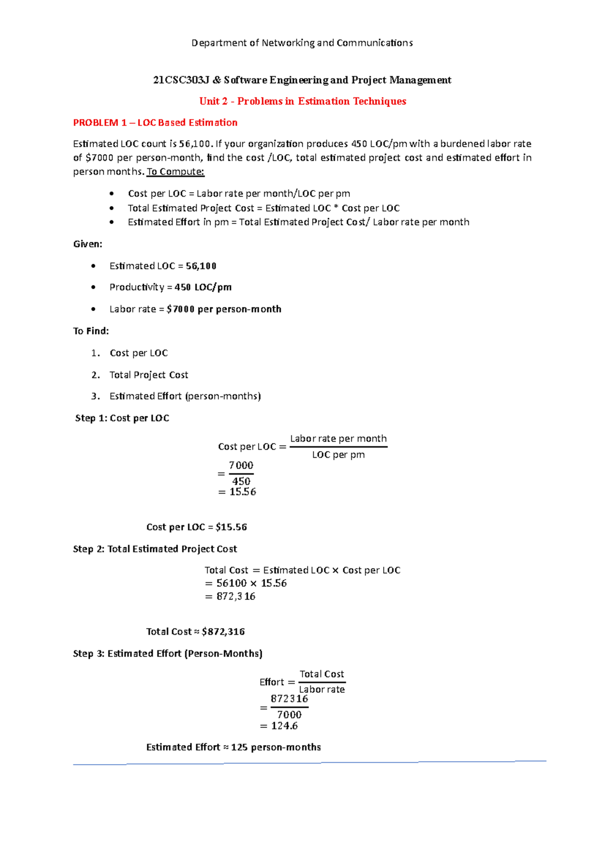 Estimation Techniques in Software Engineering - 21CSC303J - Studocu