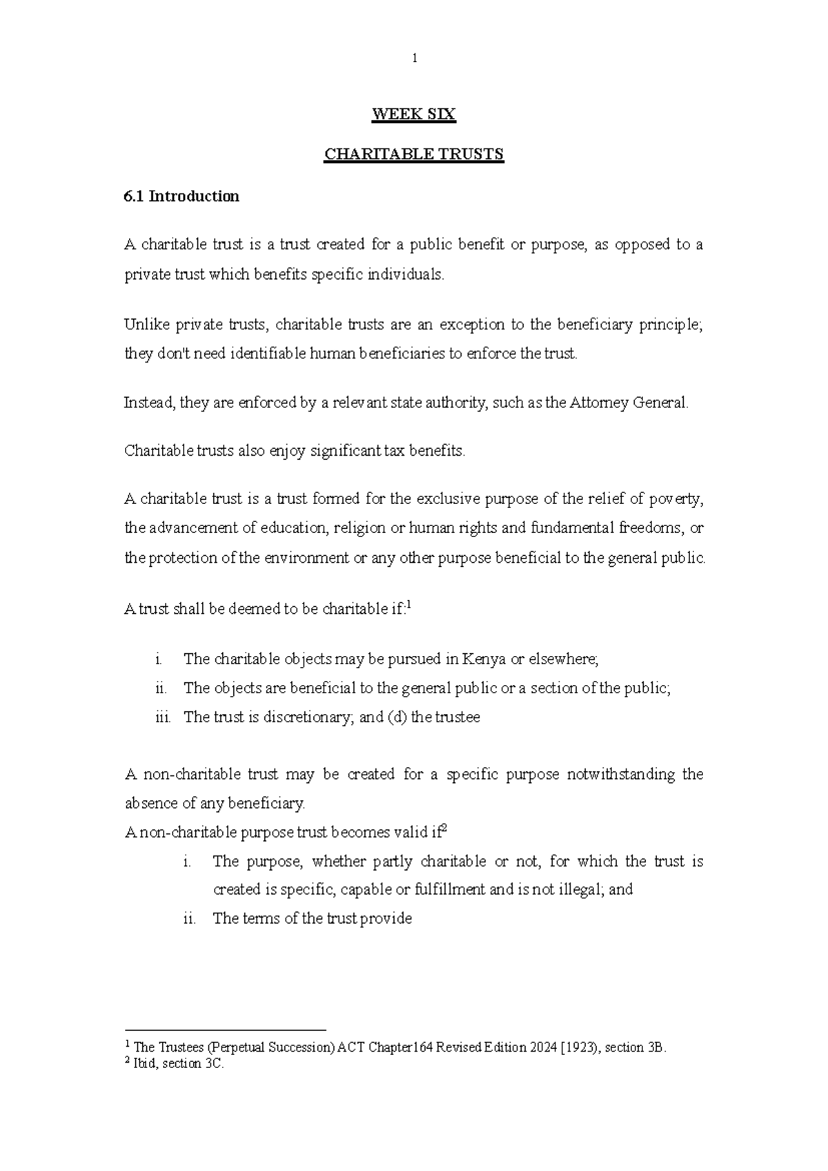 WEEK 6&7 Class Notes: Charitable Trusts in Law of Trusts - Studocu