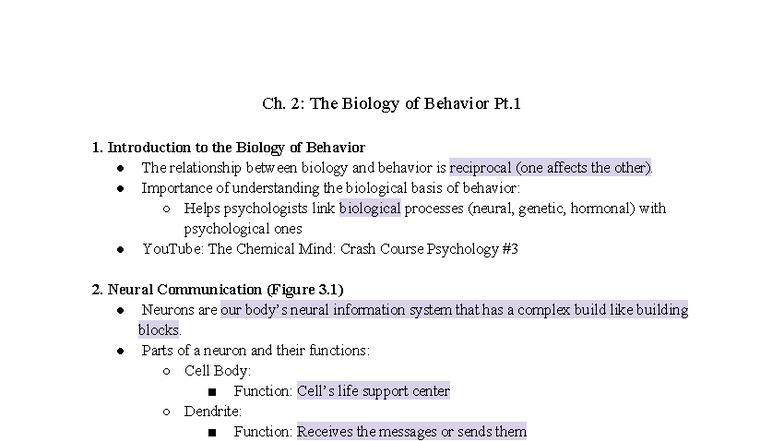 Ch. 2: The Biology of Behavior Notes Pt. 1 - Key Concepts and Processes ...