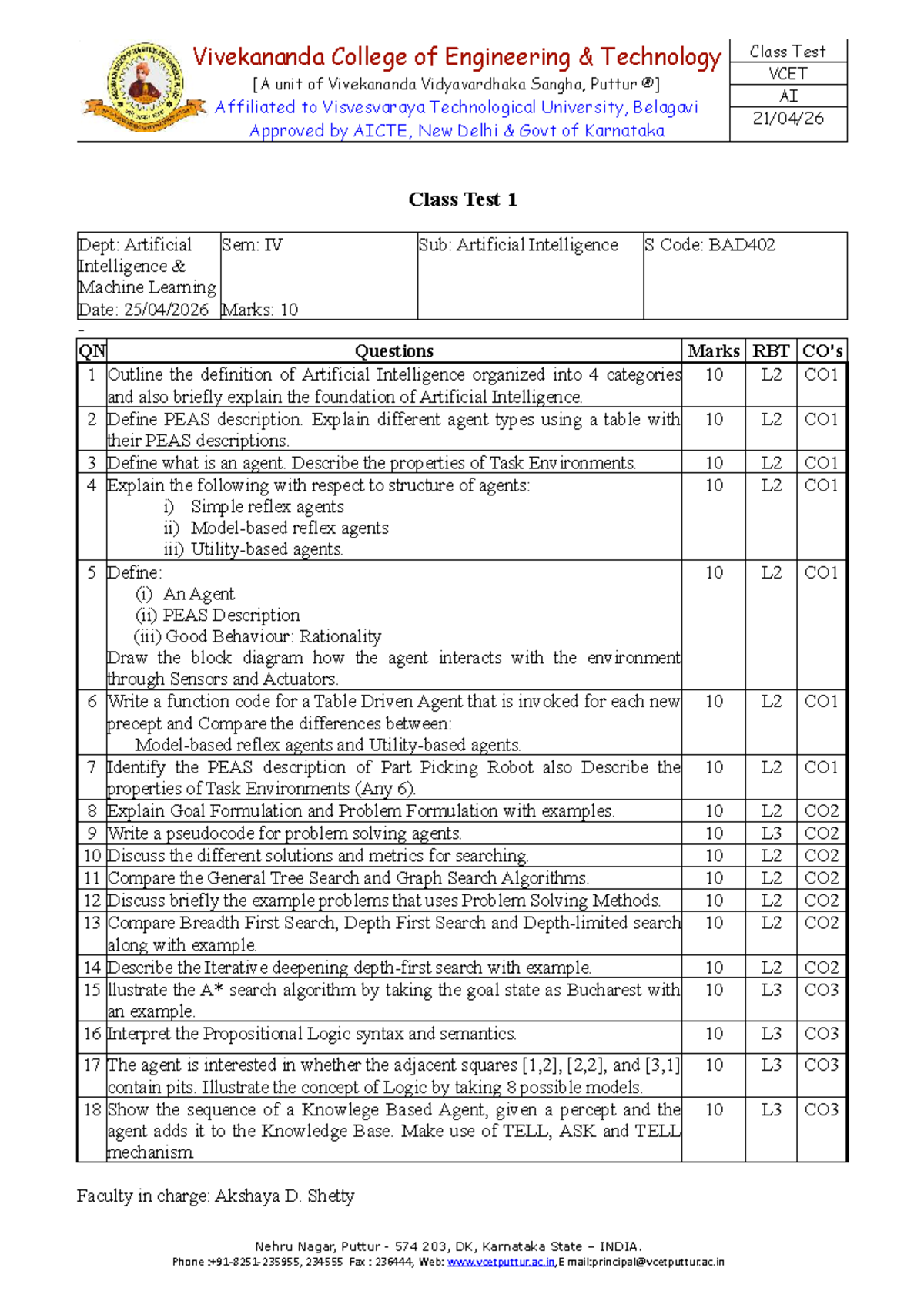 VCET AI Class Test 1 - Artificial Intelligence & Machine Learning ...