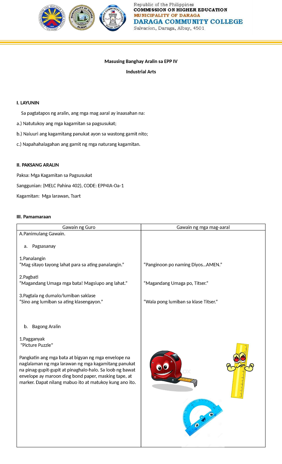 Masusing Banghay Aralin: Mga Kagamitan sa Pagsusukat (EPP IV) - Studocu