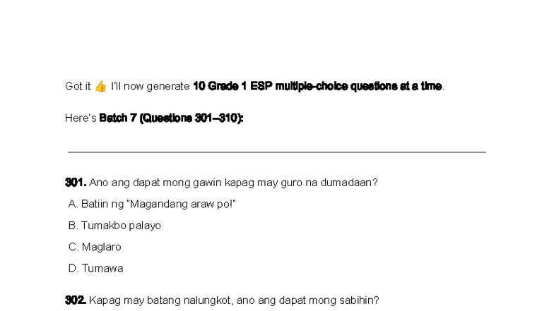 Grade 1 ESP Questions Batch 7: Questions 301-309 - Studocu