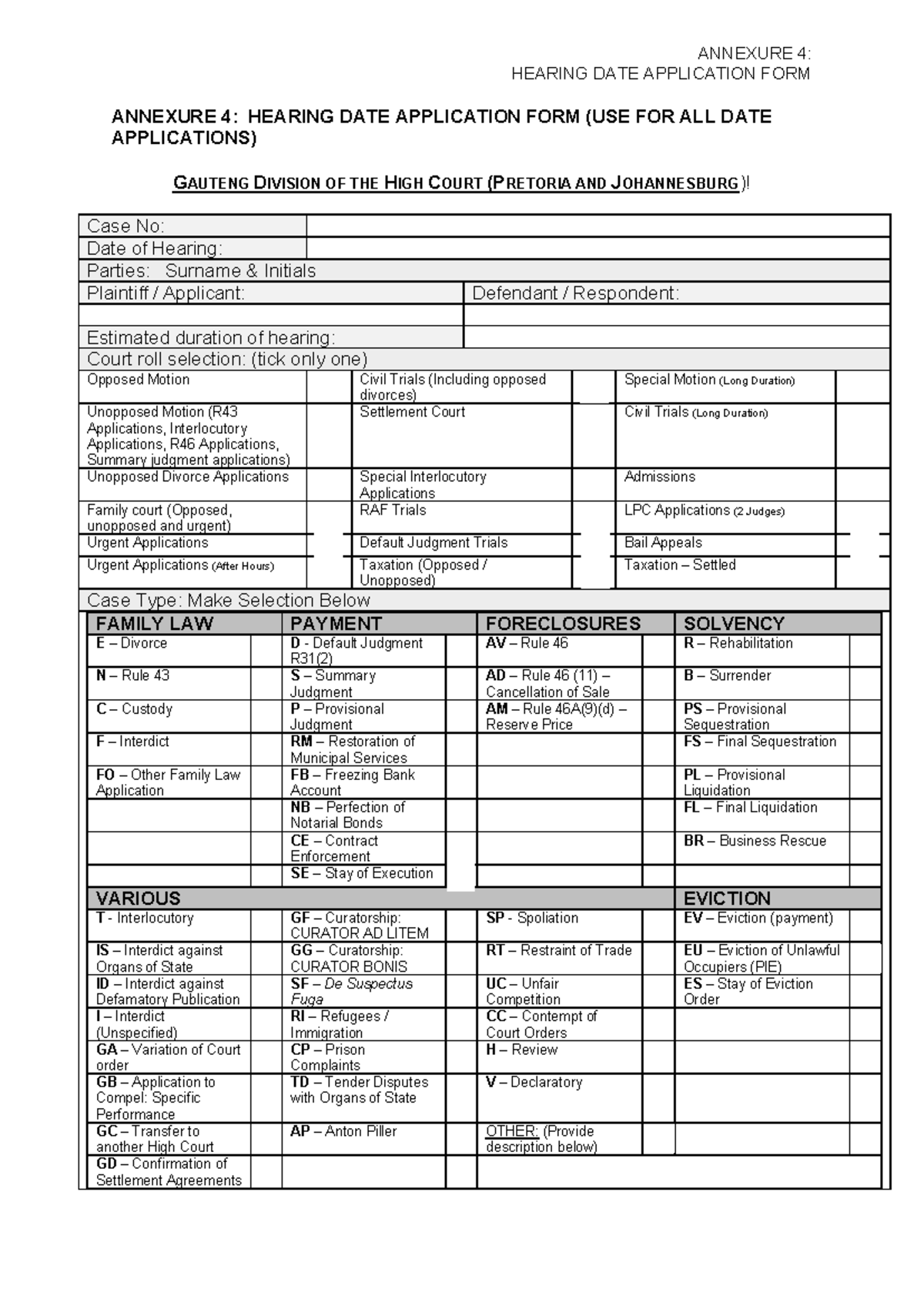 Hearing Date Application Form - Annexure 4 for Gauteng High Court - Studocu