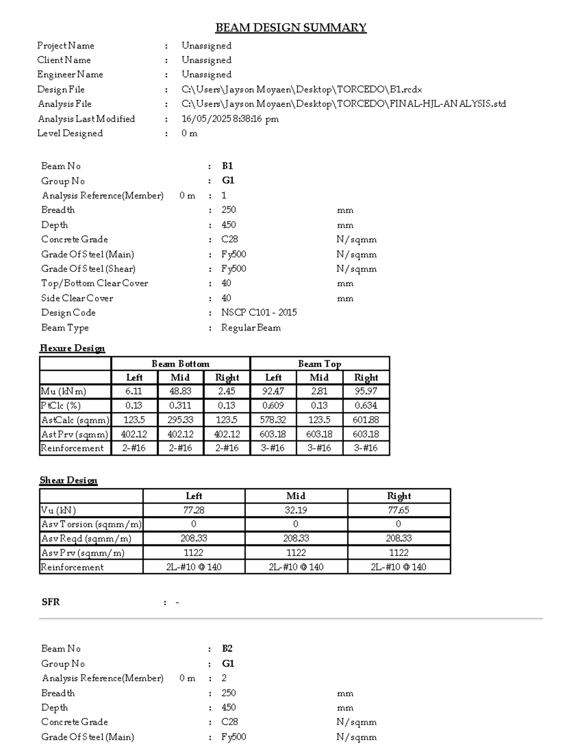 BEAM DESIGN SUMMARY (NSCP C101 2015) - Project B1 Analysis - Studocu