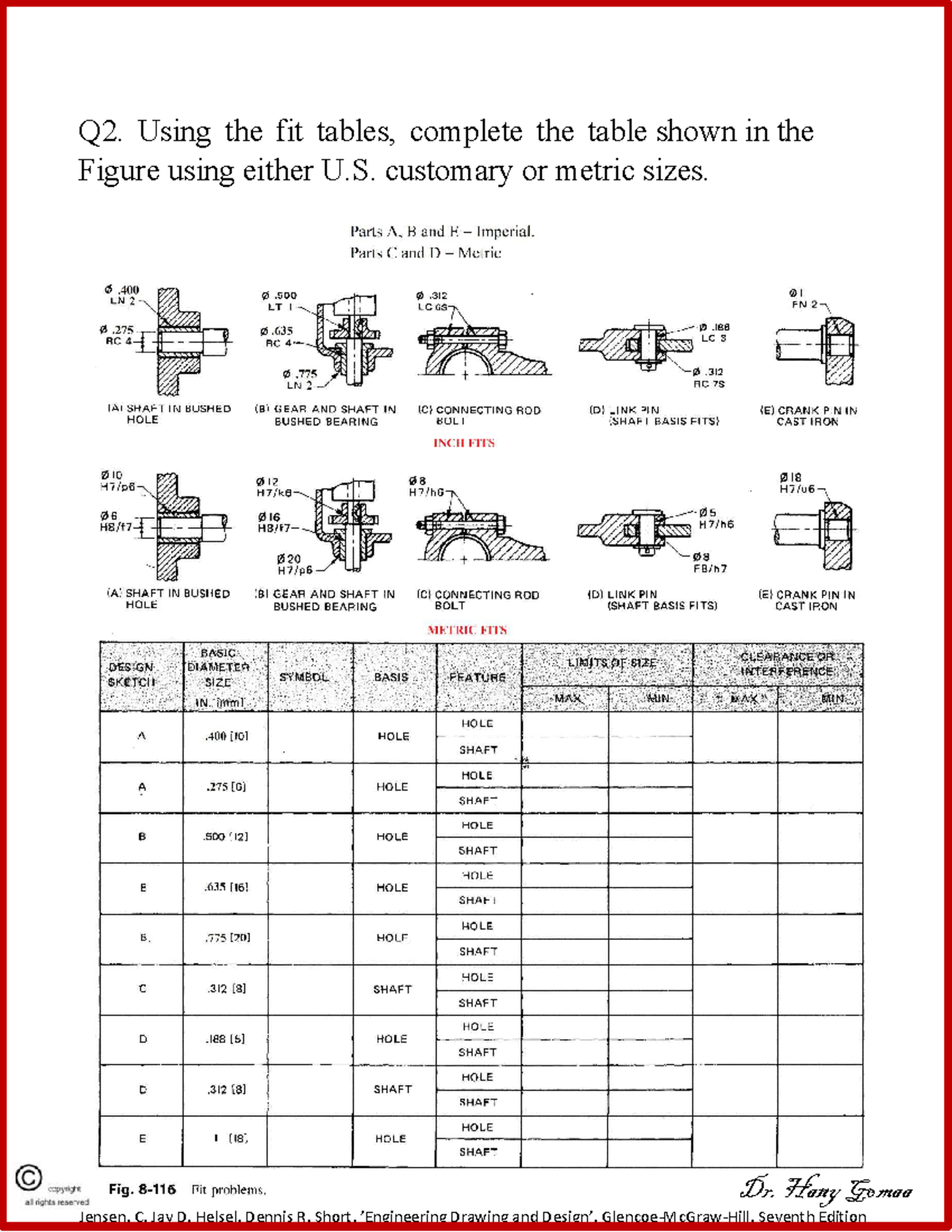 A3 p2 - Assignment - MECH 313 - 2 Q2. Using the fit tables, complete ...