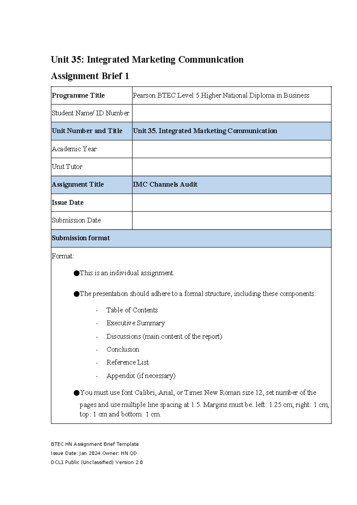 Unit 35: Integrated Marketing Communication Assignment Brief (Jan 2024 ...