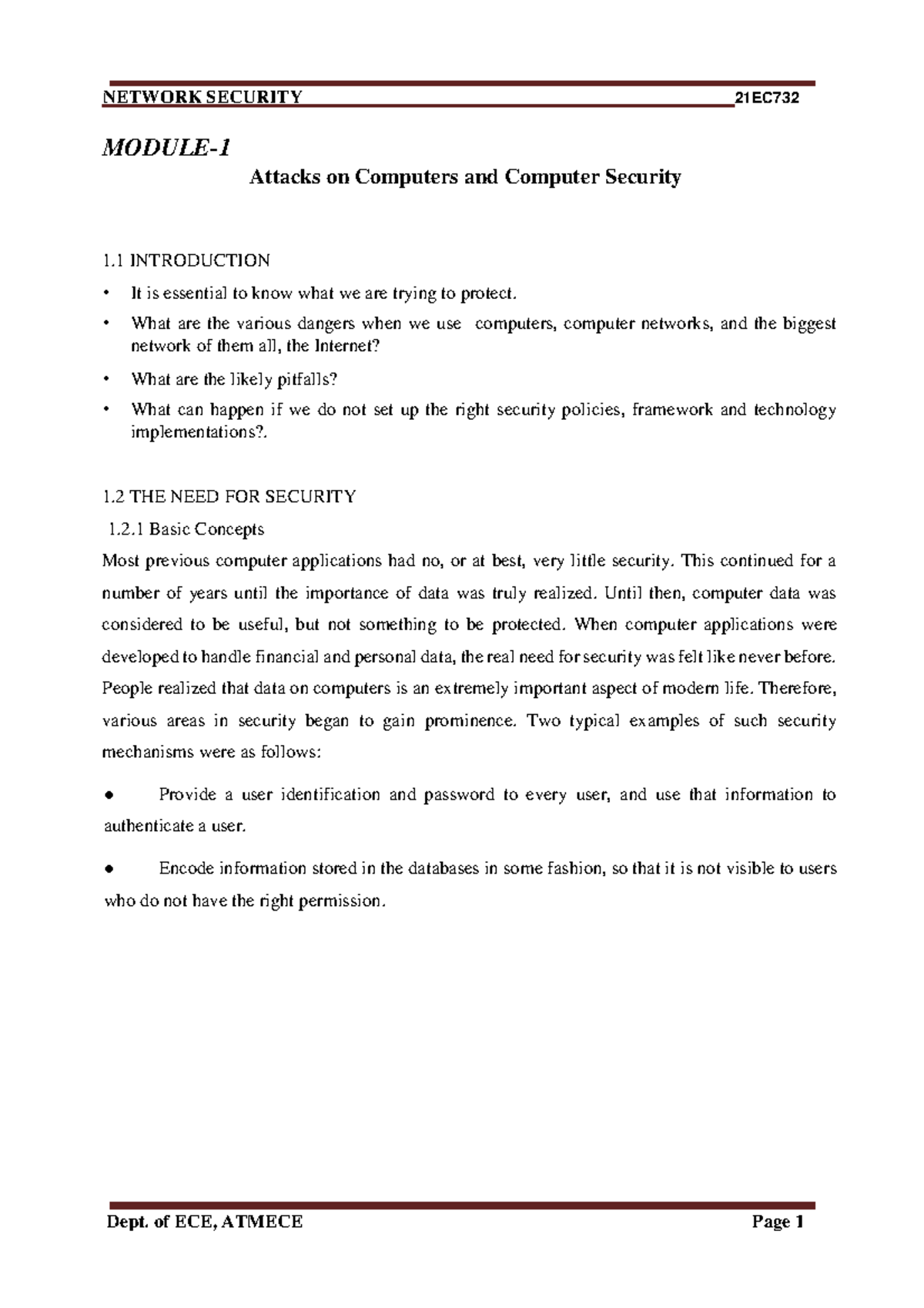 Module 1 - nil - MODULE- 1 Attacks on Computers and Computer Security 1 ...