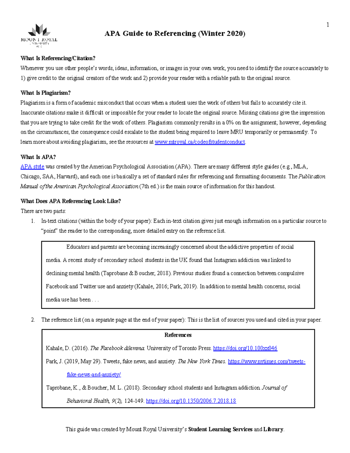 APA Referencing Guide (W20-Final) - Avoiding Plagiarism and Citing ...