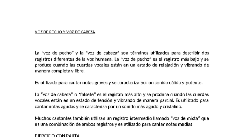 Apunte - VOZ DE PECHO Y VOZ DE CABEZA La “voz de pecho” y la “voz de ...