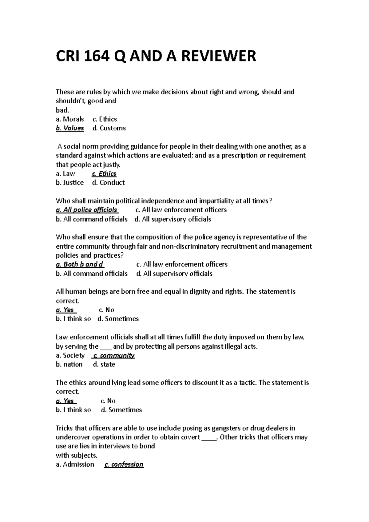 CRI 164 Midterm Q&A Reviewer on Ethics and Law Enforcement - Studocu