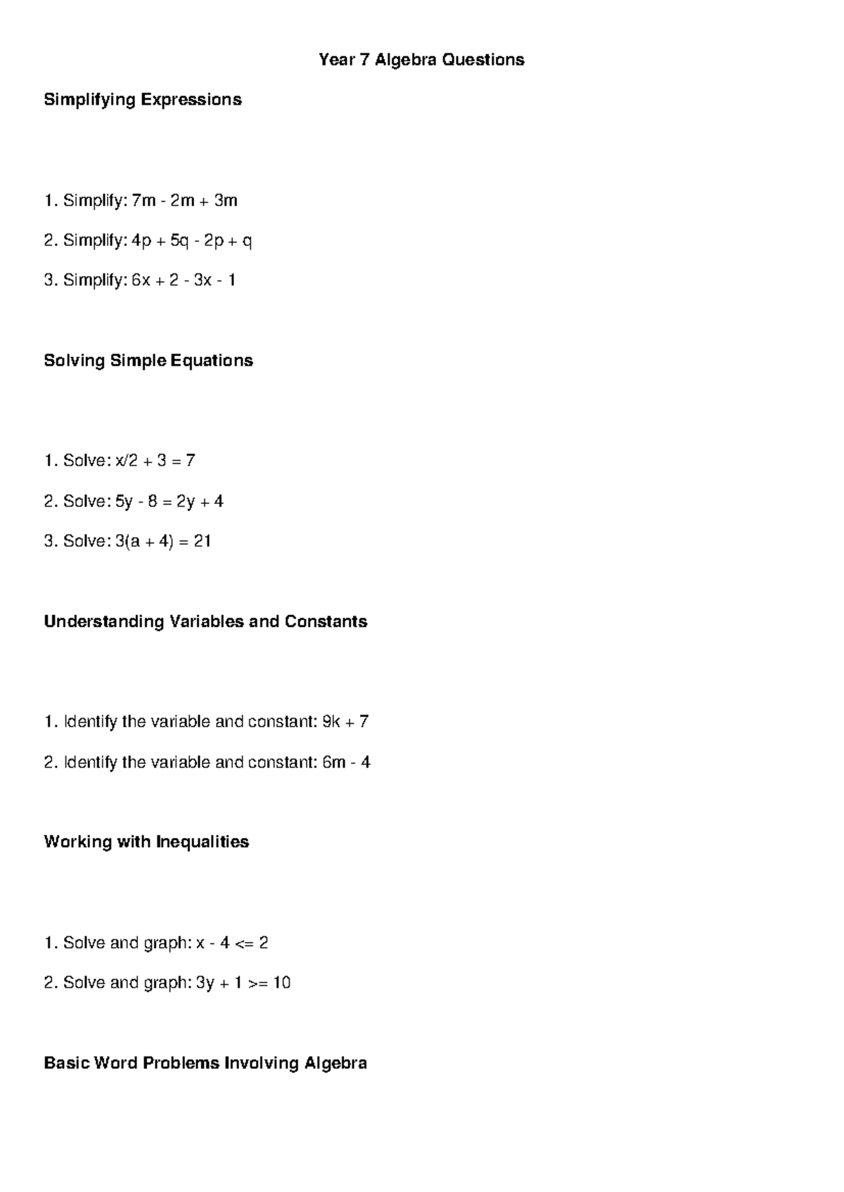 Year 7 Algebra Questions: Simplifying Expressions & Equations - Studocu
