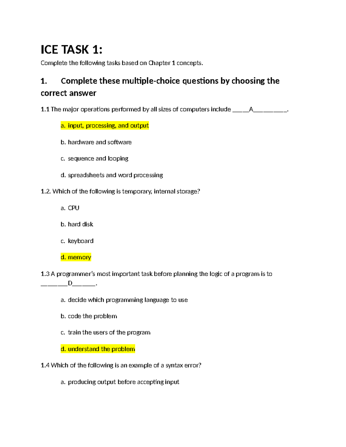 ICE TASK 1 (Week 1) - ICE TASK 1: Complete the following tasks based on ...