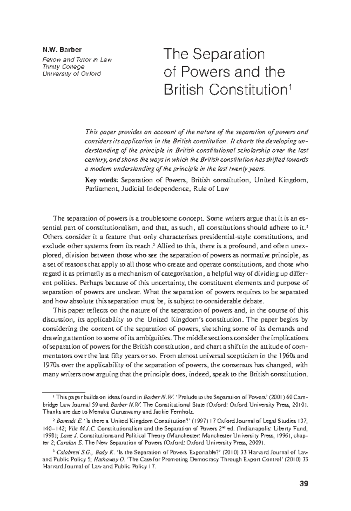 The Separation of Powers in the British Constitution: An Analysis - Studocu