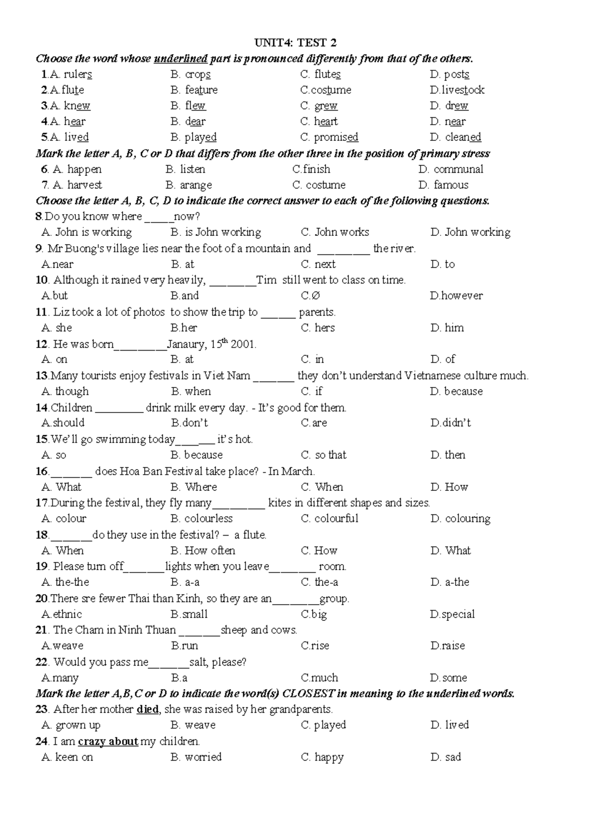 UNIT 4: TEST 2 - Pronunciation and Grammar Exercises for Grade 8 - Studocu