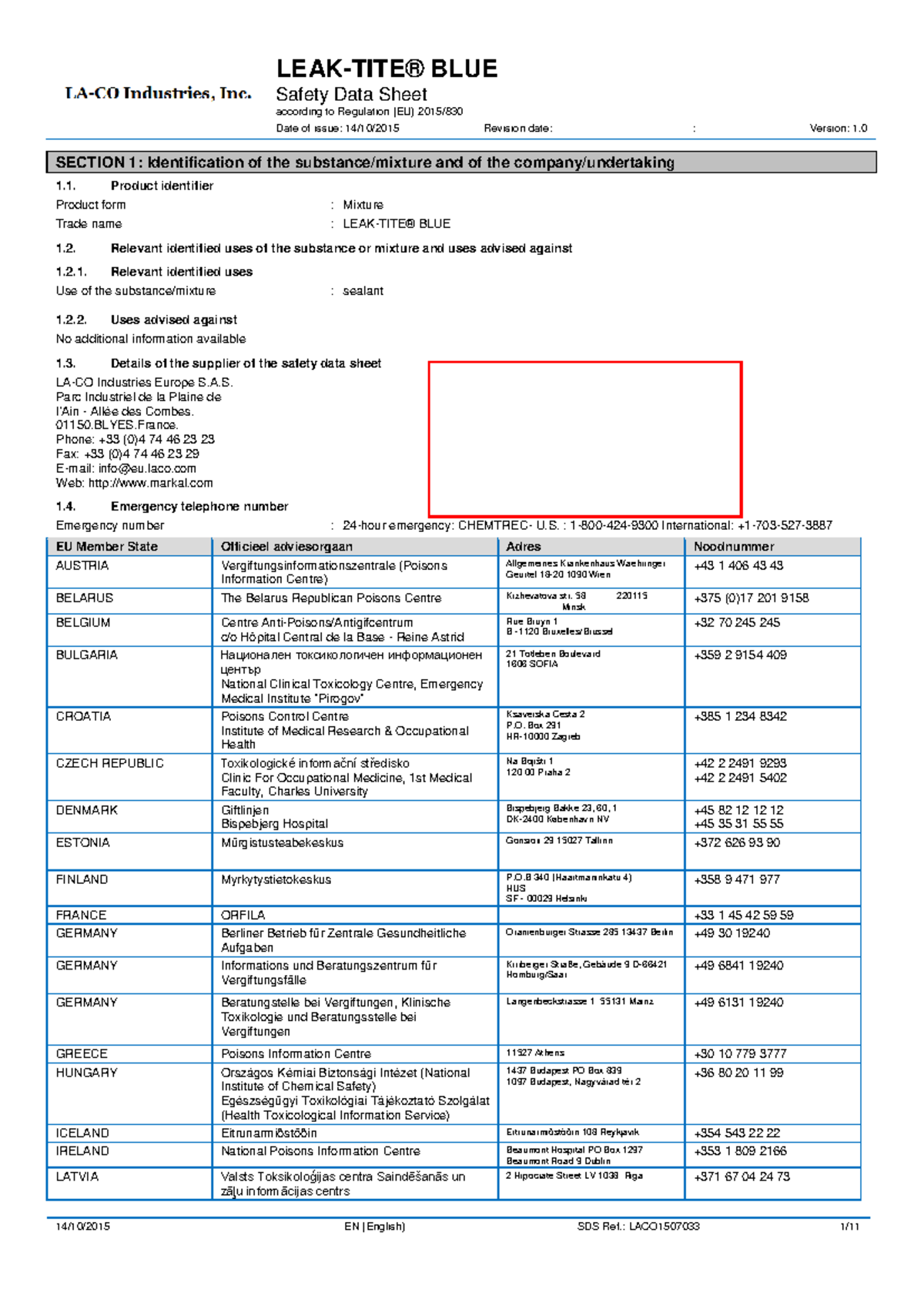 BLUE Safety Data Sheet (SDS) - Regulation (EU) Compliance - Studocu