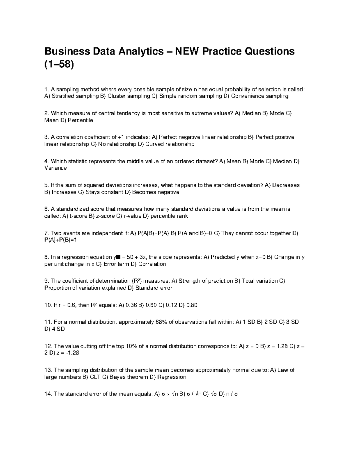 Business Data Analytics 58 NEW Practice Questions - Studocu