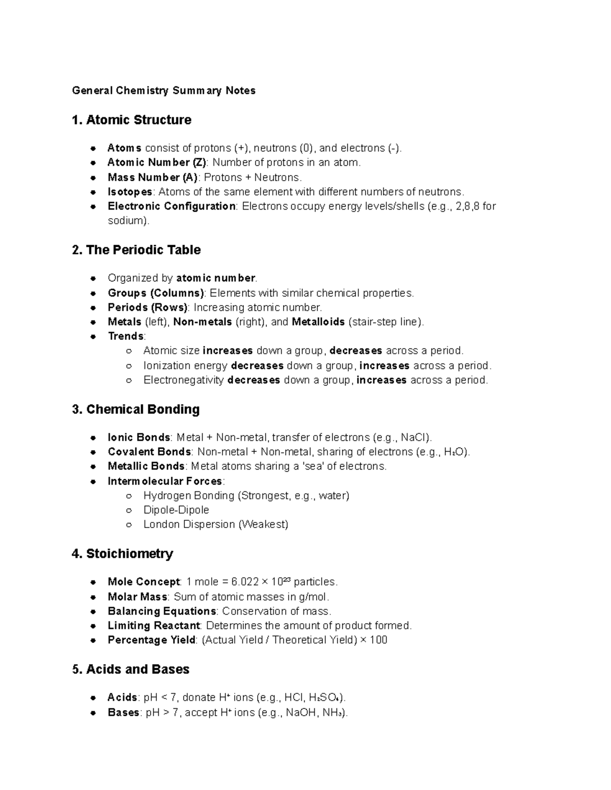 Summary Notes for Chem - General Chemistry Summary Notes 1. Atomic ...