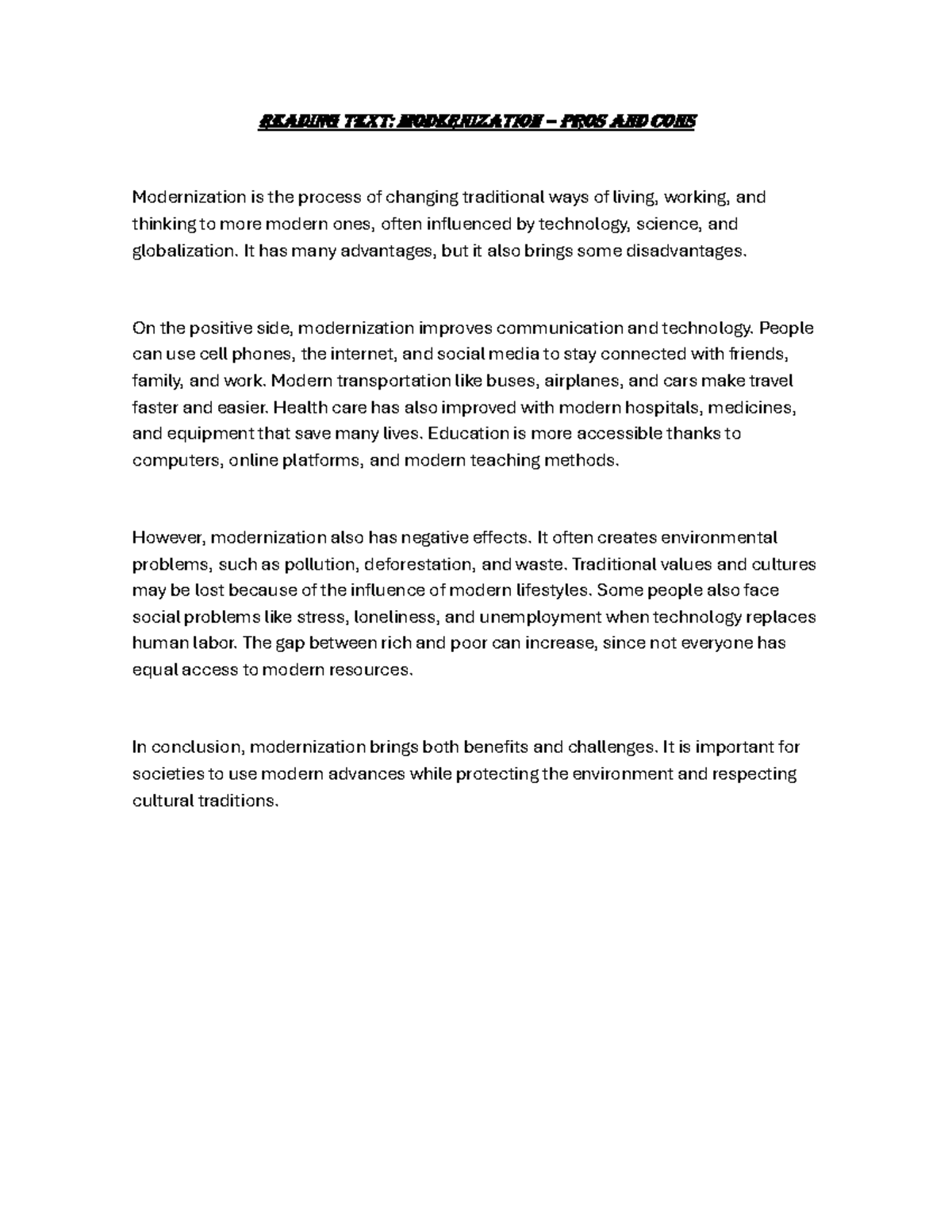 Modernization: Pros and Cons - A Balanced Perspective - Studocu