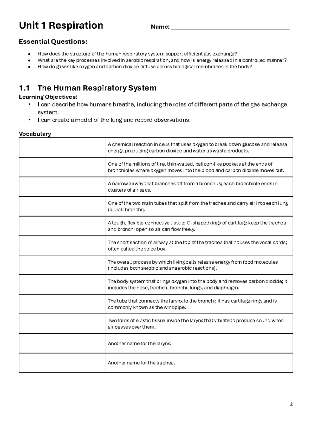 Unit 1 Respiration Guided Notes: Key Concepts & Processes - Studocu