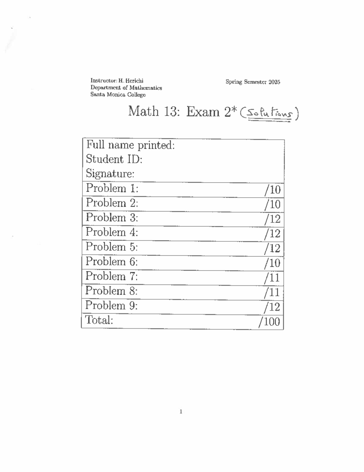 Math 13: Solutions for Exam 2 - Sample Problems - Studocu