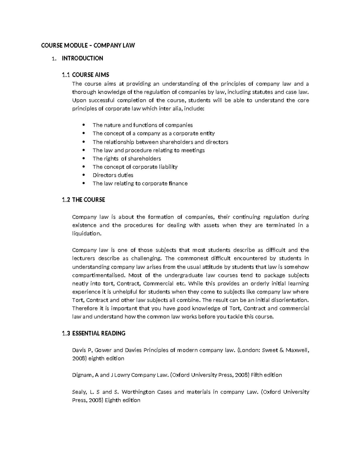 Company Law Lecture Notes: Understanding Corporate Principles and ...