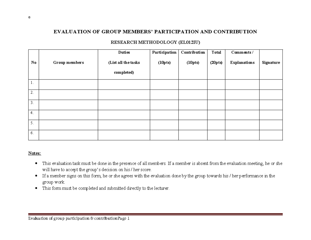 Evaluation OF Group Participation - e EVALUATION OF GROUP MEMBERS ...