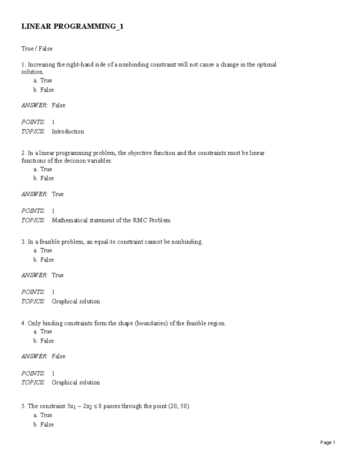 LINEAR PROGRAMMING_1 True/False & MCQ Exam Review - Studocu