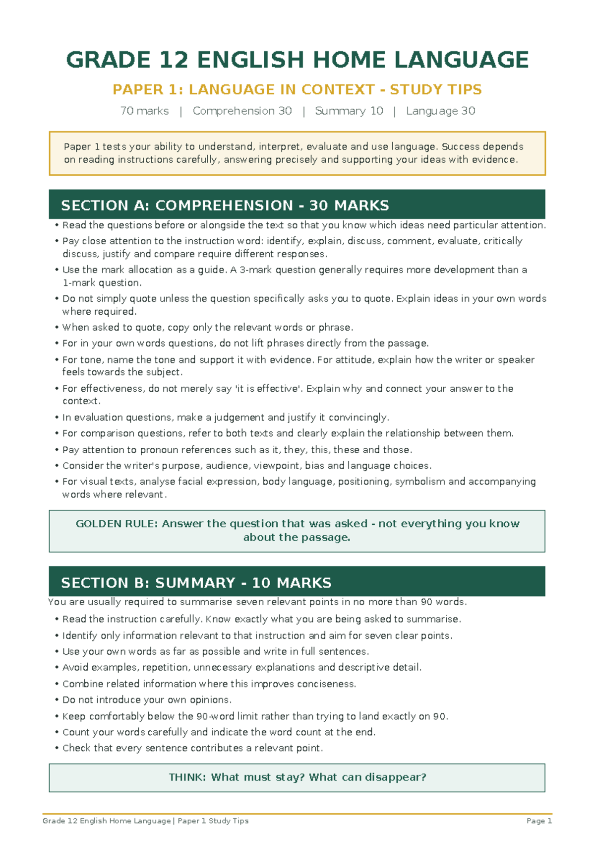 Grade 12 English HL Paper 1: Language in Context Study Tips - Studocu