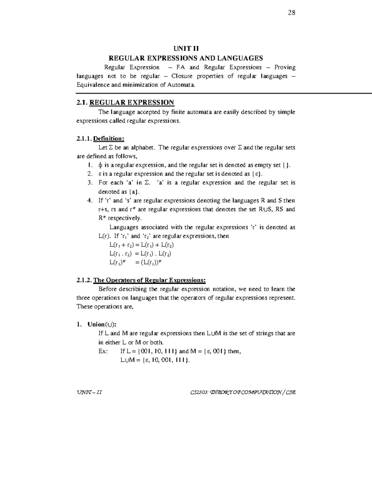 UNIT 2(book) - UNIT II REGULAR EXPRESSIONS AND LANGUAGES Regular ...