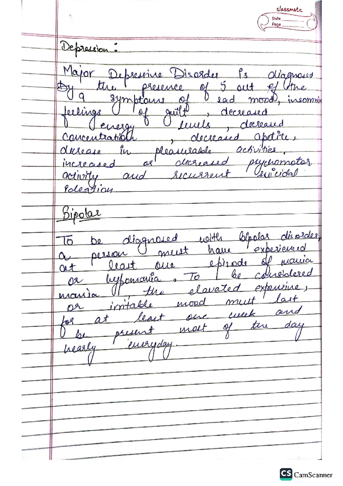 Mood disorders - Notes - classmate Date Page Depression : 9 the ...