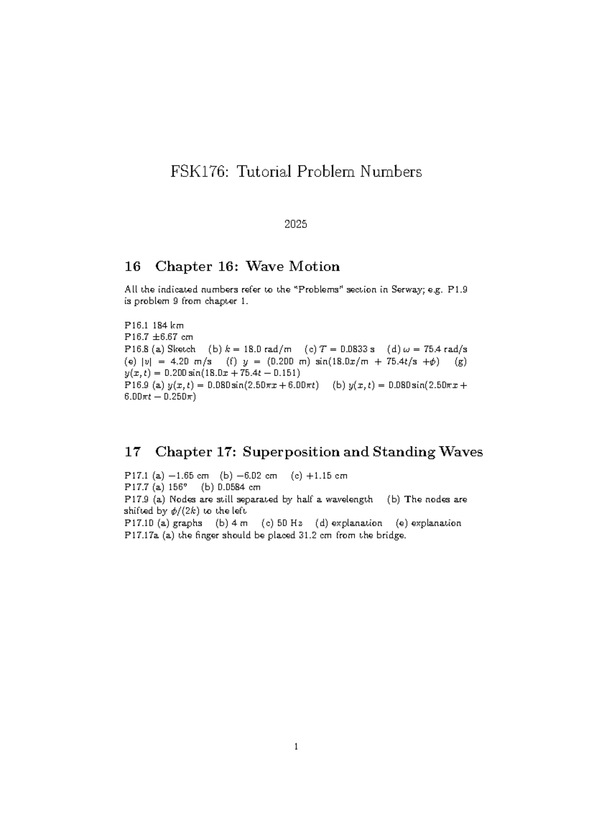 FSK176: Tutorial Problems for Chapters 16 & 17 - Wave Motion ...