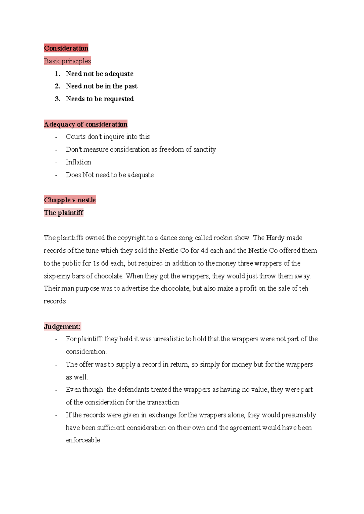 Consideration Cheat Sheet: Key Principles and Case Law Overview - Studocu