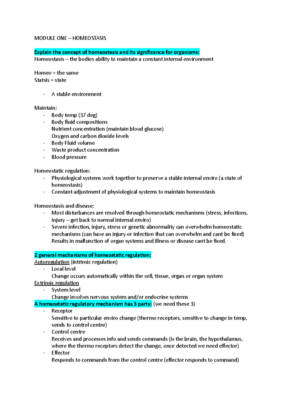 homeostasis - Lecture notes 1 - MODULE ONE – HOMEOSTASIS Explain the ...