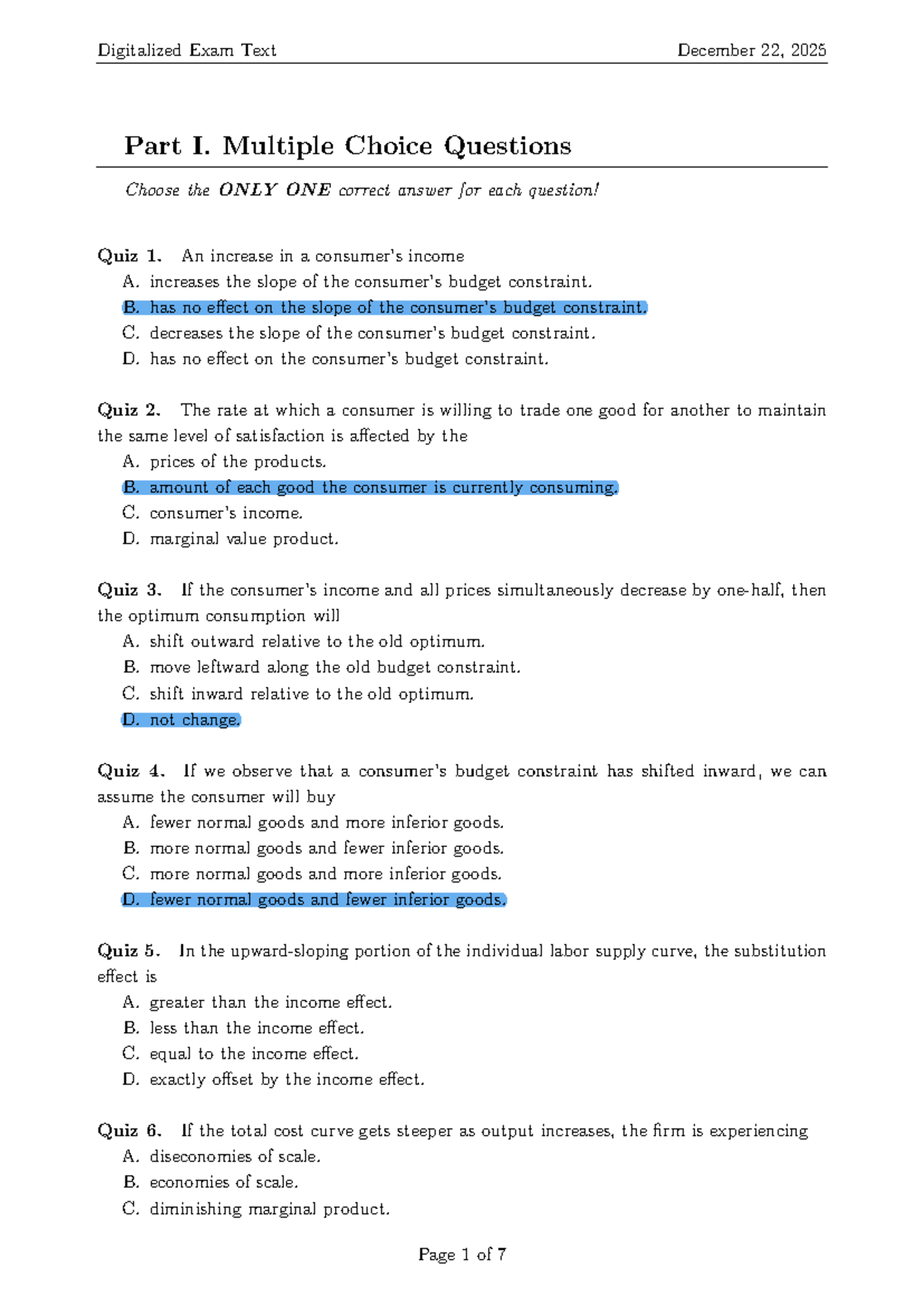 Digitalized Exam Text: Economics MCQs - December 22, 2025 - Studocu