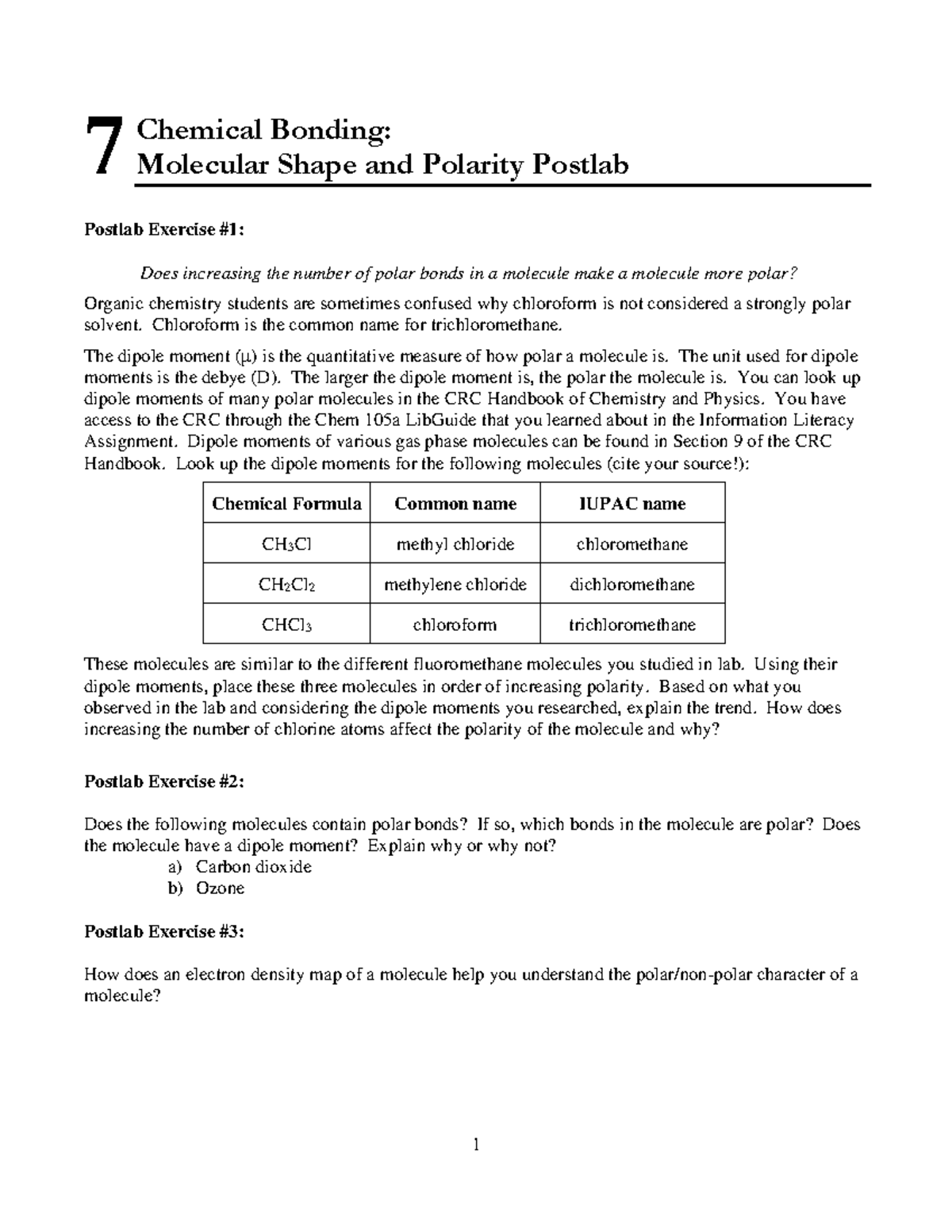 07 Molecular Shape and Polarity Postlab F24: Understanding Dipole ...