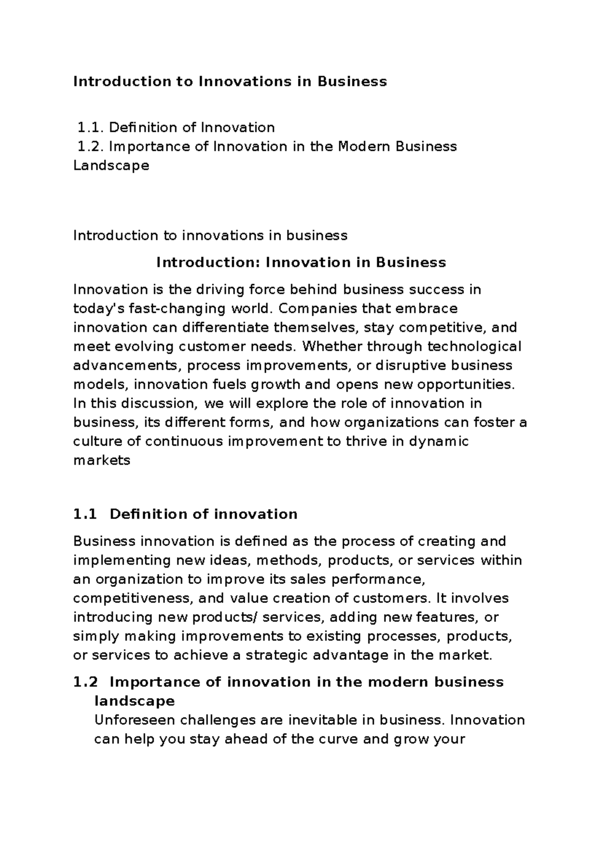 Introduction to Innovations in Business - Definition of Innovation 1 ...