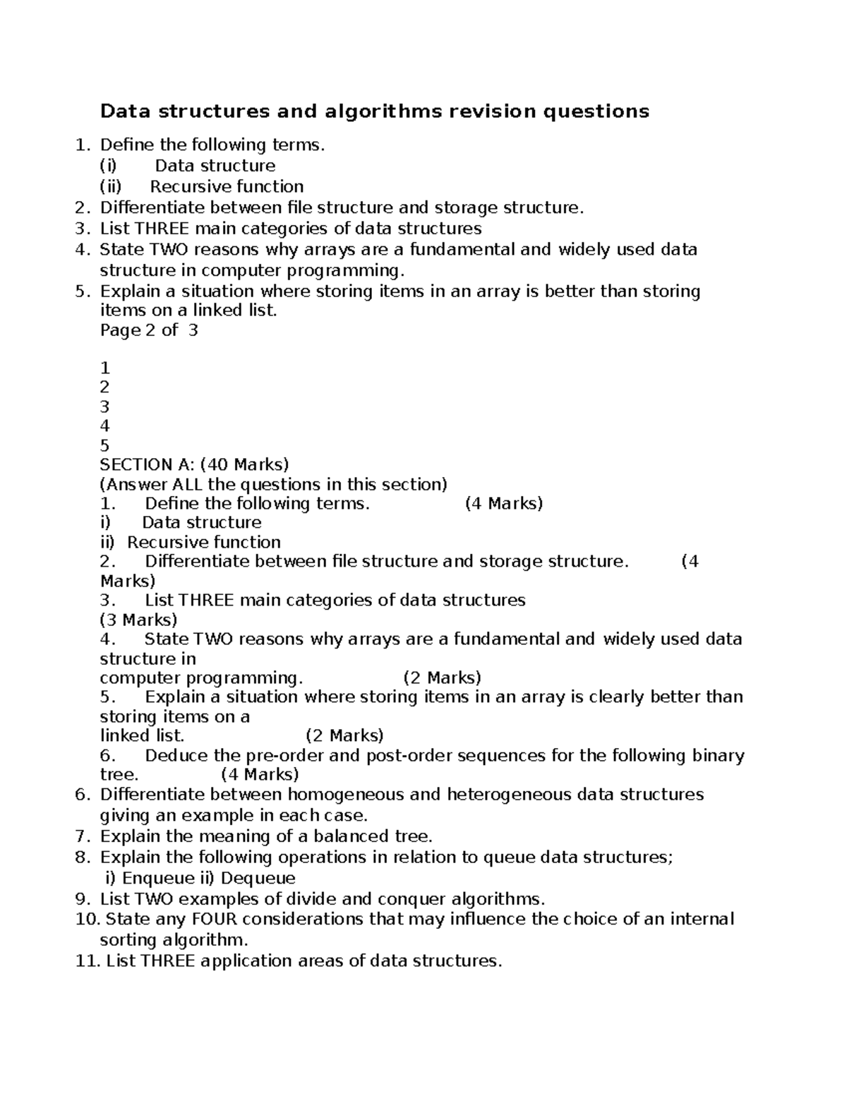 Data Structures Revision Questions: Key Concepts and Challenges - Studocu