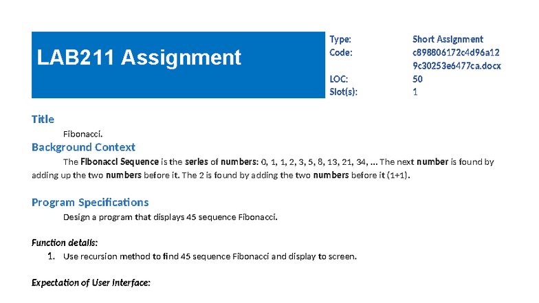 LAB211 Short Assignment: Fibonacci Sequence Program Design - Studocu