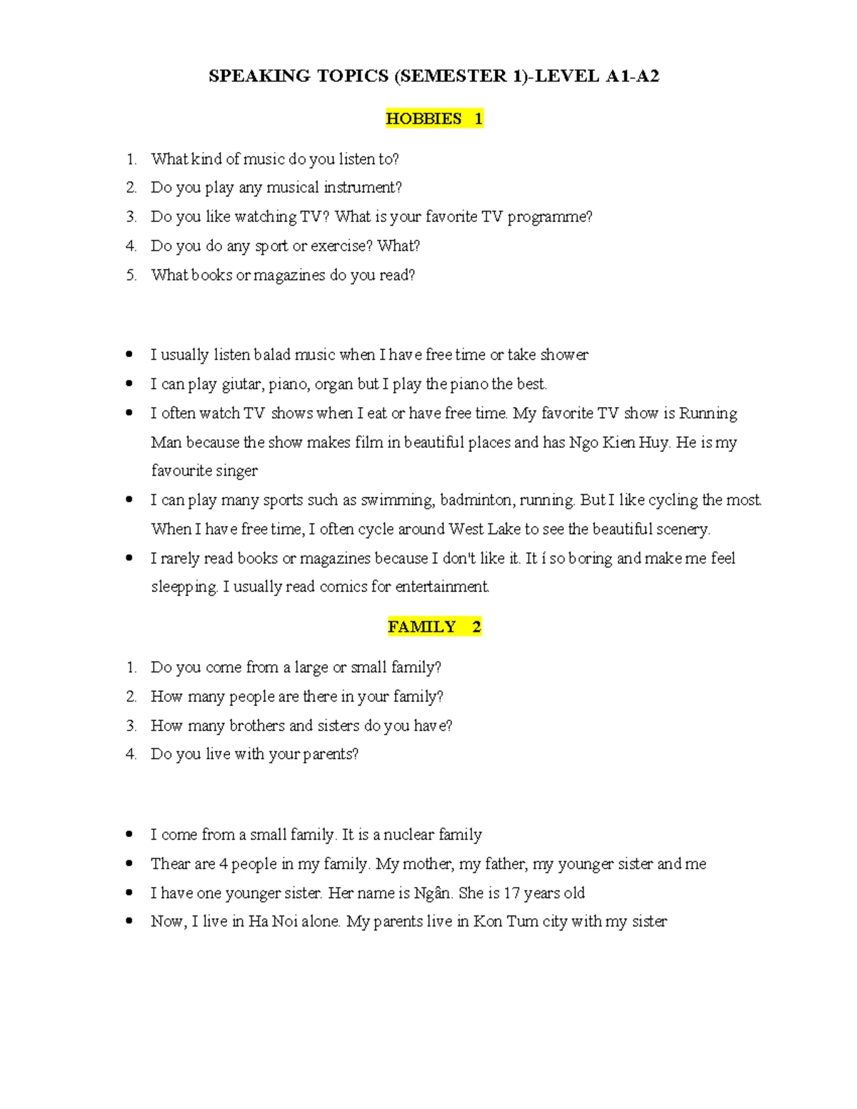 Hobbies 1 - Speaking Practice and Family Insights - Studocu