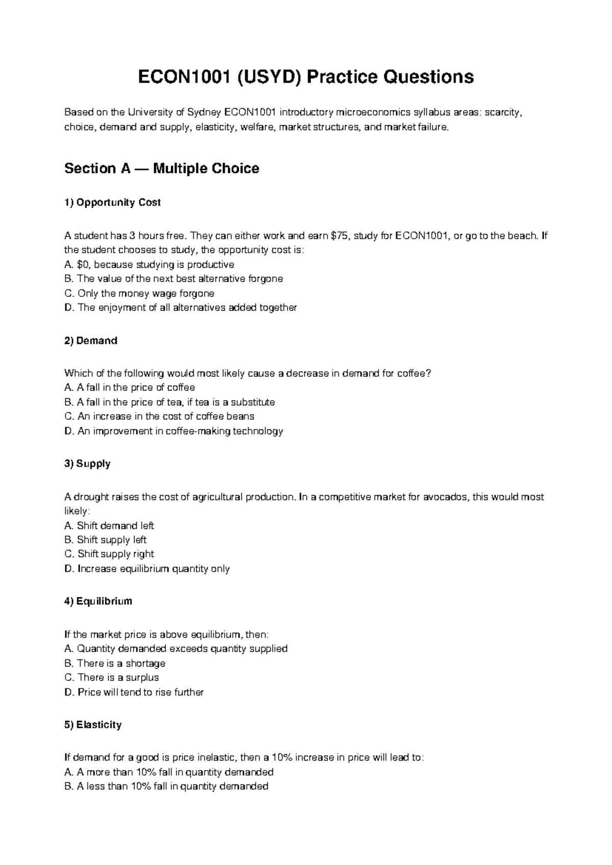 ECON1001 (USYD) Practice Questions on Microeconomics Concepts - Studocu