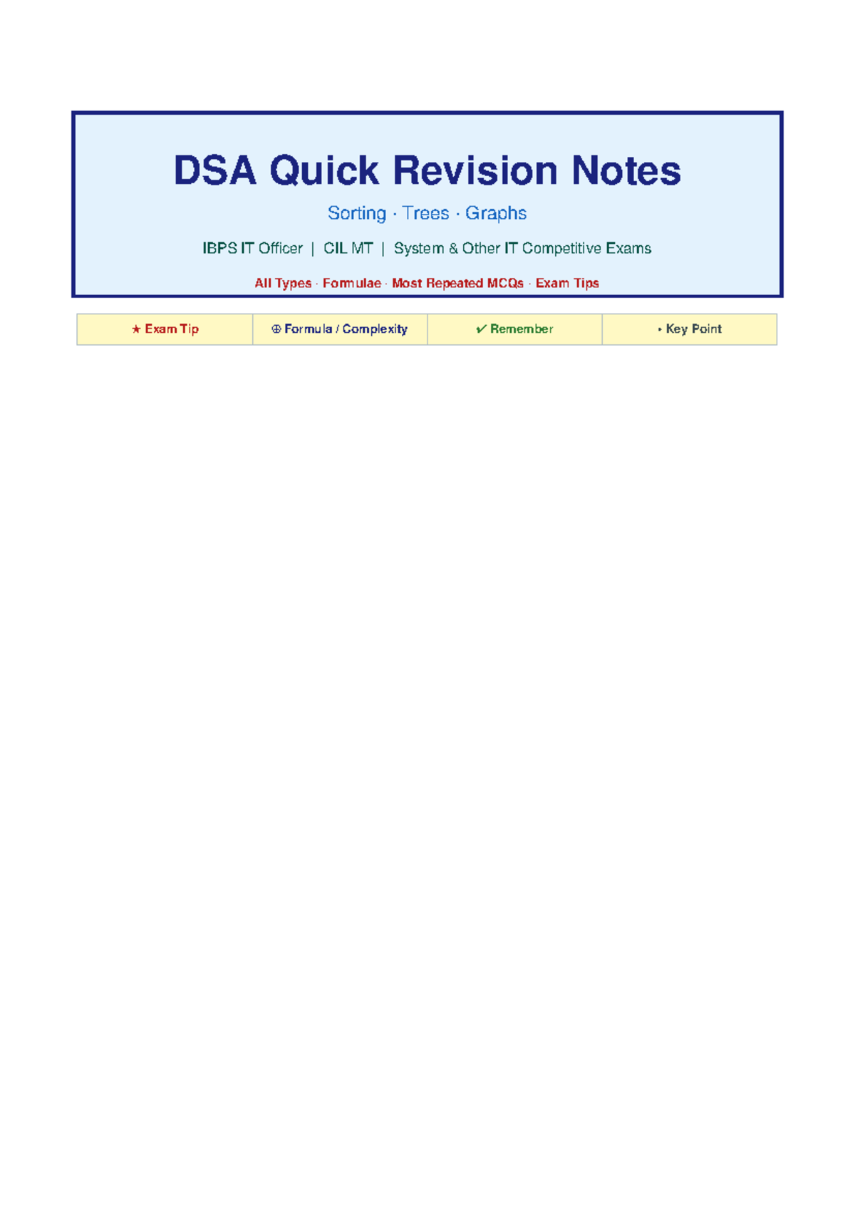 DSA Quick Revision Notes: Sorting, Trees & Graphs for IBPS IT - Studocu